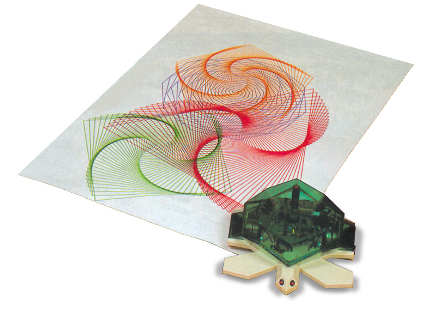 1985 Valiant Logo turtle robot with colored geometric patterns drawn on paper